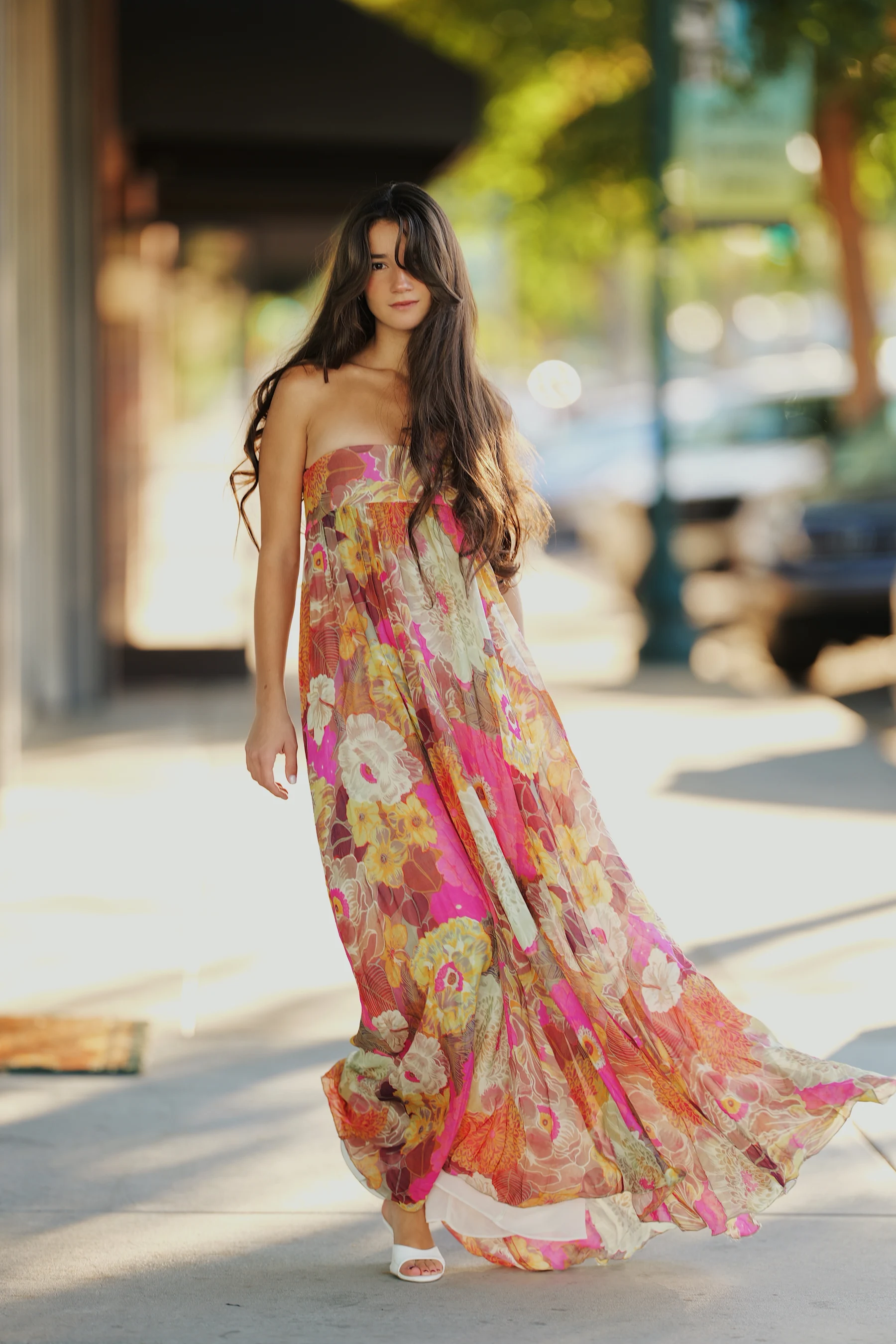Rosina in a floral maxi dress, golden hour street portraits 1 of 3