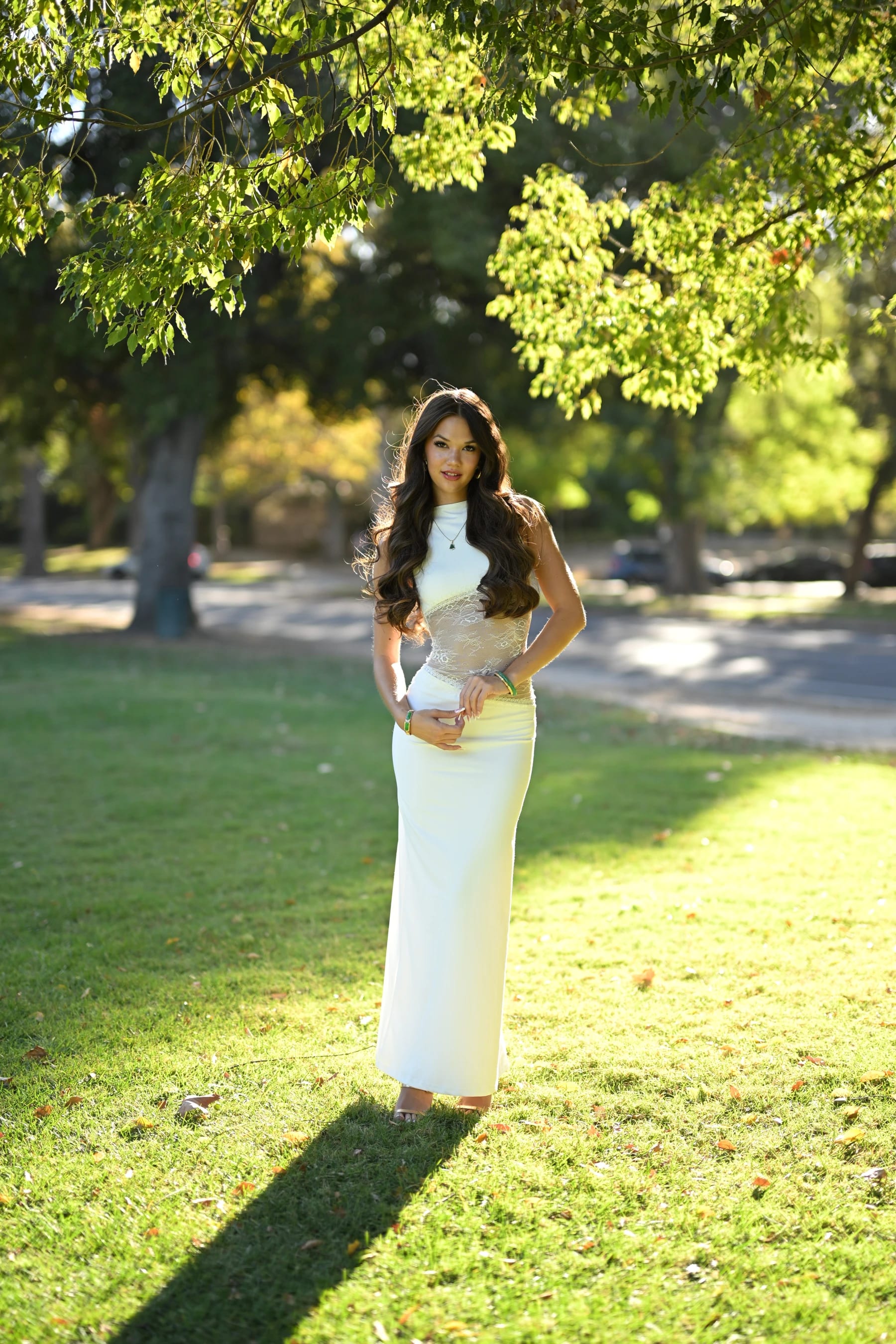 Mia full length on a sunny lawn in William Land Park — photo B