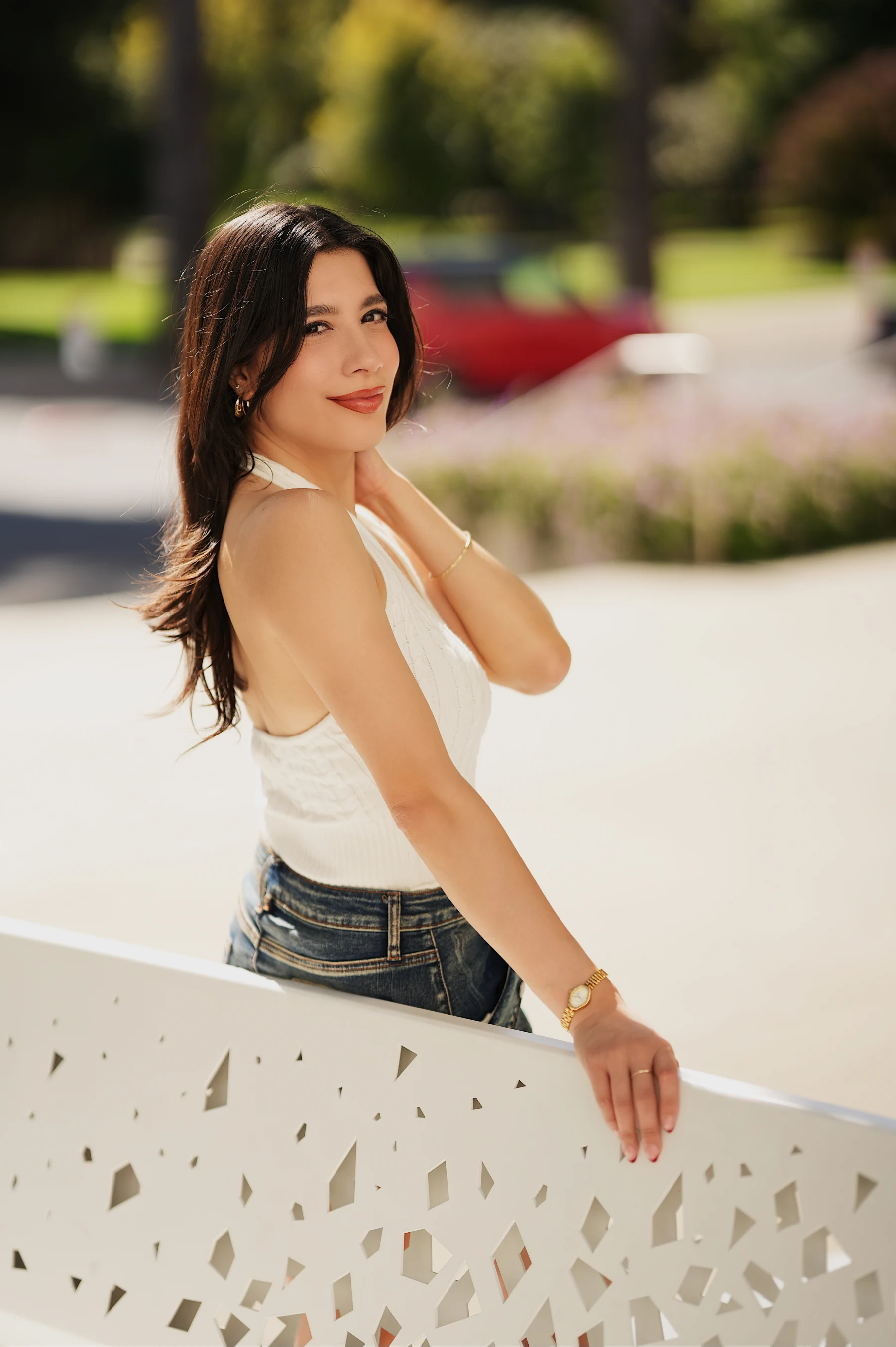 Aranza in a white tank top and denim skirt, Sigma 85mm F1.4 Art portraits 1 of 4